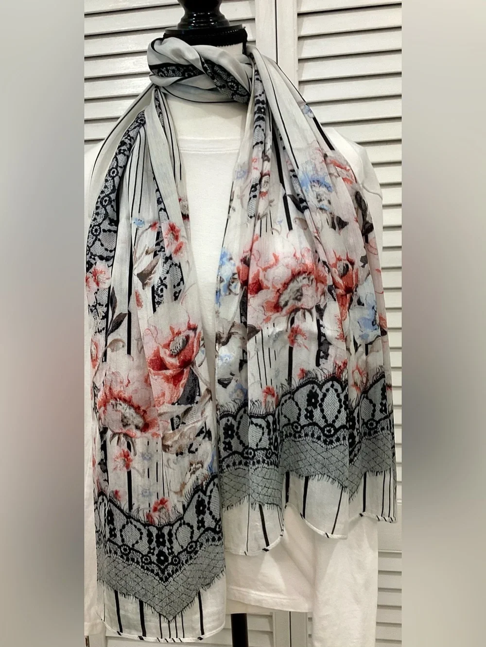 Vintage Boho Floral Faux Lace Print Scarf Wrap 68” x 20” Shabby Chic Cottagecore